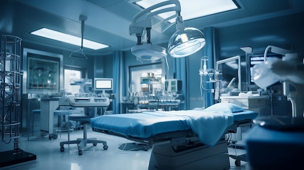 Pusta sala operacyjna w klinice ze wszystkim niezbędnym sprzętem z niebieskim światłem gotowym