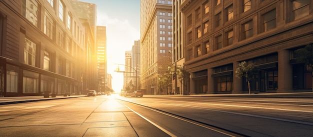 Zdjęcie pusta, samotna ulica z widokiem na centrum miasta z złotym, ciepłym słońcem i budynkami biznesowymi.