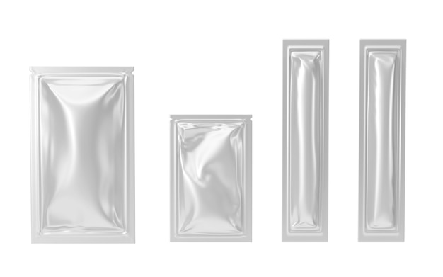 Pusta saszetka ze srebrnej folii makieta torebki i patyczki do chusteczek nawilżanych szampon do kawy i cukru renderowanie 3d Realistyczny zestaw izolowanych jednorazowych opakowań na próbki kosmetyków i żywność