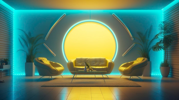 Pusta ściana w futurystycznym salonie science fiction z jasnożółtym jasnobłękitnym i jasnoniebieskim neonem Generowanie sztucznej inteligencji