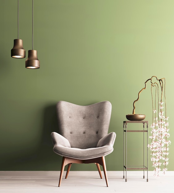 Pusta ściana z krzesłem i rośliną na stole minimalizm loft wnętrze tła Renderowanie 3D Ilustracja 3D