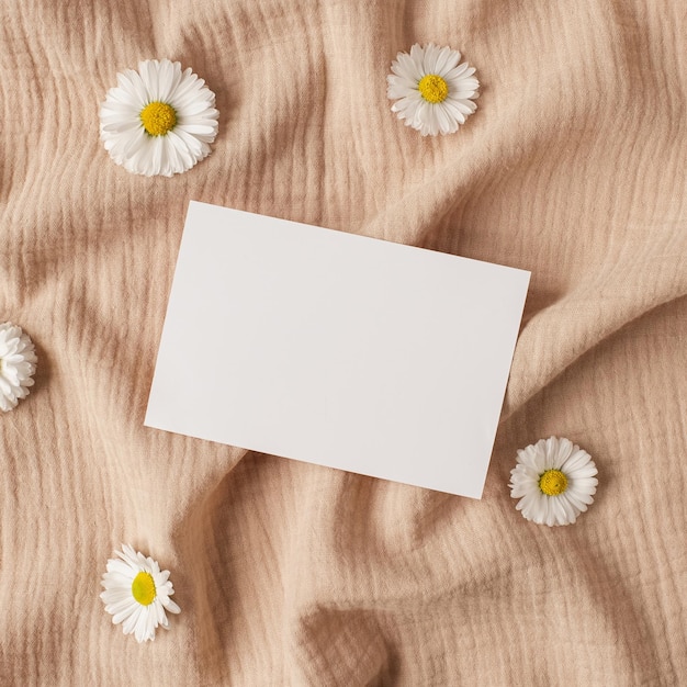 Pusta ścieżka przycinająca karta arkusz papieru z makieta kopia przestrzeń rumianek pąki kwiatowe na neutralnej beżowej tkaninie muślinowej Minimalny estetyczny szablon marki biznesowej Płaski widok z góry