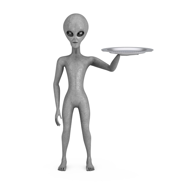 Pusta srebrna taca w ręku przerażającego szarego humanoidalnego obcego renderowania 3d