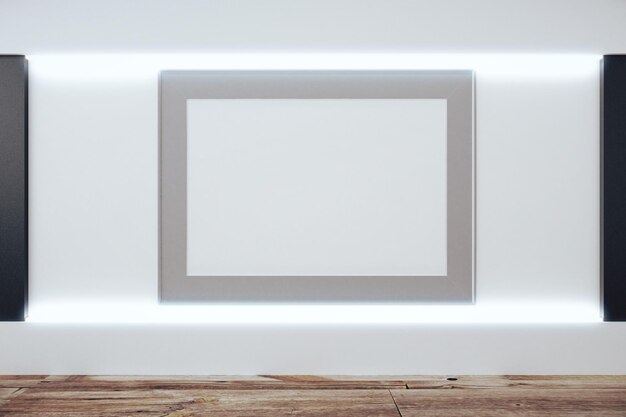 Pusta szara ramka na białą ścianę w pustym pokoju z drewnianą podłogą makiety 3D Render