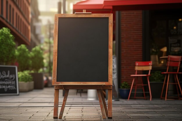 Pusta tablica kanapkowa dla menu i rysunek kredą uliczna tablica drewniana pusta pusta tablica w drewnianej ramie stoi na tarasie ulicznej kawiarni lub restauracji na zewnątrz