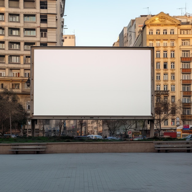 Pusta tablica reklamowa dramatycznie umieszczona na końcu molo z widokiem na spokojne jezioro