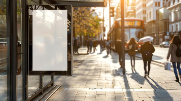 Zdjęcie pusta tablica reklamowa na przystanku autobusowym w mieście. na tle idą ludzie.