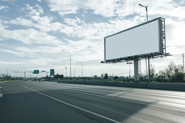 Pusta tablica reklamowa obok słonecznej autostrady pod częściowo chmurnym niebem