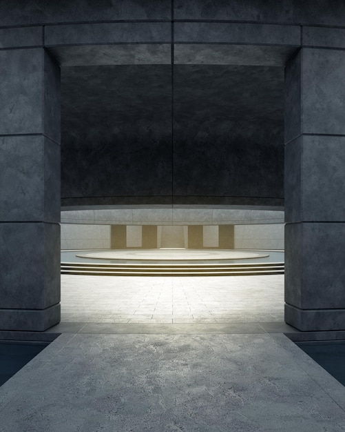 Pusta zakrzywiona betonowa podłoga pokryta sufitem 3d renderowanie abstrakcyjnego tła przestrzeni wewnętrznej