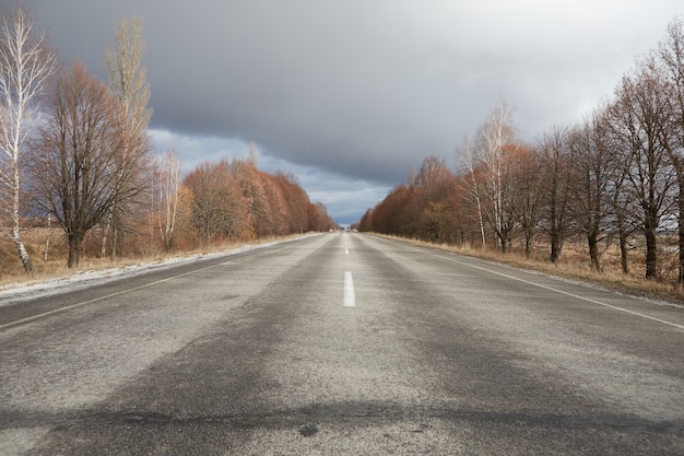 Pusta Zimowa Autostrada Bez śniegu, Z Drzewami Bez Liści Po Bokach