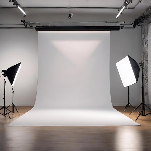 Puste białe studio fotograficzne z reflektorem na tle