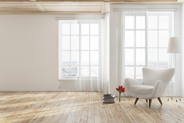 Puste białe wnętrze salonu z drewnianą podłogą, wysokimi oknami i białym fotelem w pobliżu stosu książek. Makieta renderowania 3D