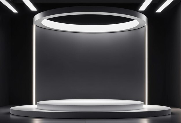 Zdjęcie puste czarno-białe zaokrąglone futurystyczne piedestale z białym światłem na tle do umieszczania produktów