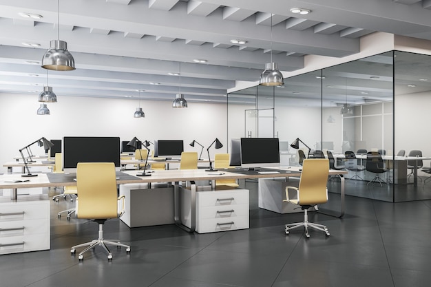 Puste drewniane i betonowe wnętrze biura coworkingowego z meblami i sprzętem do renderowania 3D ze szklanymi przegrodami