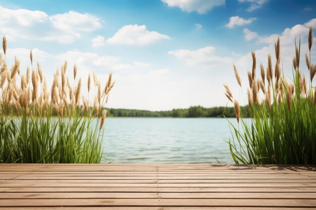 Zdjęcie puste drewniane molo z zielonymi trzcinami nad jeziorem latem