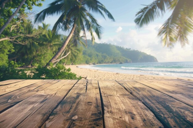 Puste drewniany stół z widokiem na tropikalną plażę na tle dla wyświetlania produktów