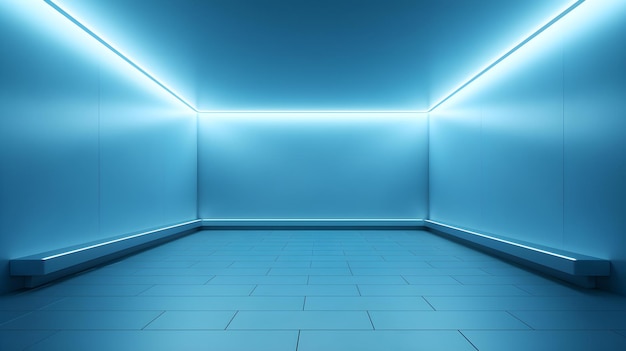 Puste geometryczne pomieszczenie w jasnoniebieskich kolorach z pięknym oświetleniem futurystyczne tło