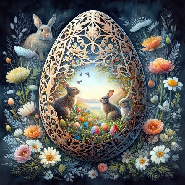 Puste jajko wielkanocne wewnątrz sceny wielkanocnej z królikami i dzikimi kwiatami