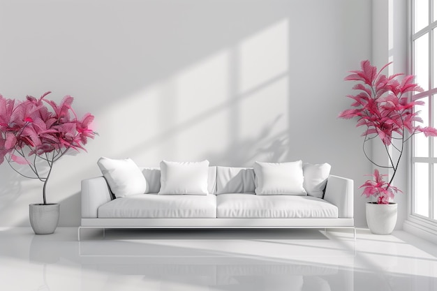 Puste jasne wnętrze z białą kanapą Różowe rośliny na białym tle
