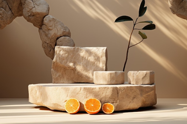 Puste kamienne podium do wystawiania produktów na beżowym tle z liśćmi i plasterkami pomarańczy