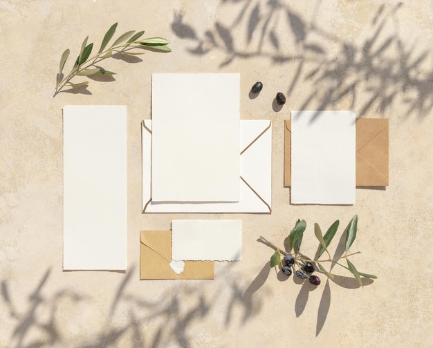 Puste karty na betonowym stole z gałęziami drzewa oliwnego i makieta ślubna z twardymi cieniami