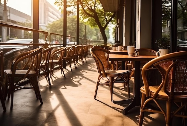 Puste krzesła w kawiarni lub restauracji na świeżym powietrzu