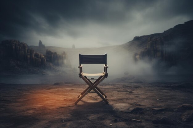 Zdjęcie puste krzesło reżysera na pustym filmie na ponurym tle