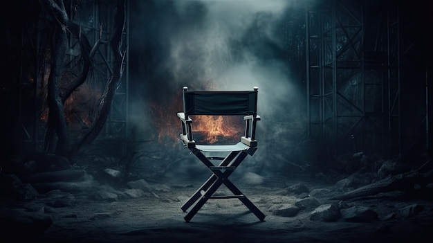 Puste krzesło reżyserskie przed pustym planem filmowym Ponure tło Koncepcja strajków w kinie Obraz wygenerowany przez sztuczną inteligencję