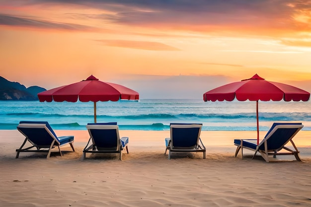 Puste leżaki i parasole na plaży realistyczne