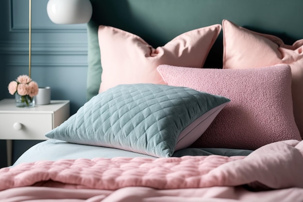 Puste łóżko z różowymi poduszkami i kołdrą