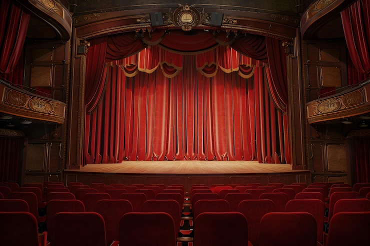 Zdjęcie puste miejsca i zamknięta zasłona w teatrze