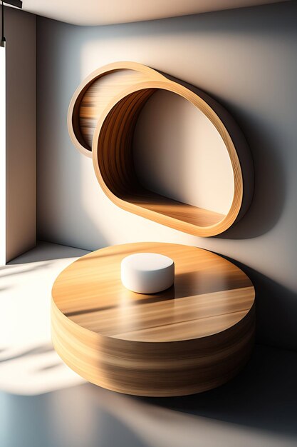 Puste minimalne naturalne okrągłe drewniane podium stołowe piękne słoje drewna w cieniu światła słonecznego na białym w