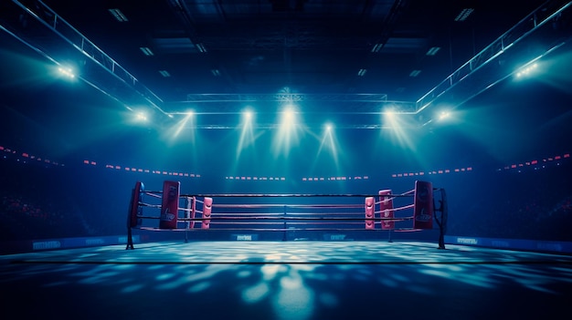 puste podium bokserskie ze światłami i niebieskimi światłami Generacyjna sztuczna inteligencja