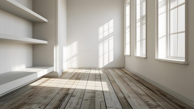Puste pomieszczenie z białymi ścianami, drewnianą podłogą i oknem.