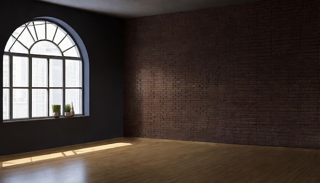 Puste pomieszczenie z łukowatym oknem i podłogą z szyplapą Ściana ceglana w modelu wnętrza loft