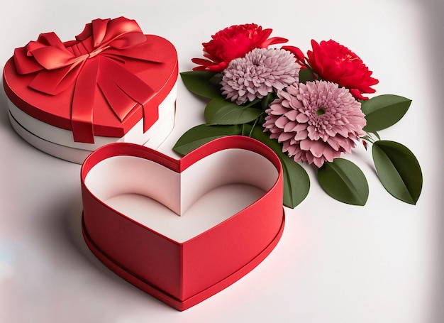 Puste pudełko w kształcie serca z pięknymi kwiatami Koncepcja Walentynek