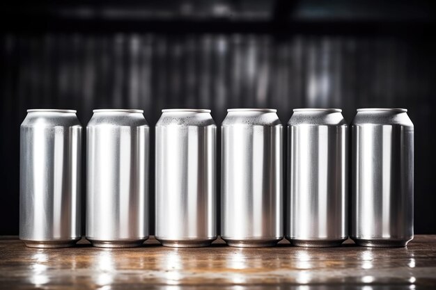 Zdjęcie puste srebrne puszki piwa ustawione w kolejce na powierzchni ze stali nierdzewnej