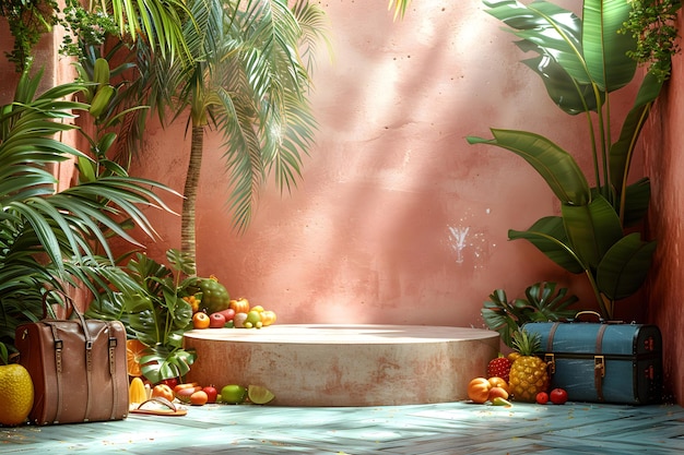 Zdjęcie puste stylowe podium plażowe 3d model tła dla koncepcji prezentacji produktów kosmetycznych latowa platforma kopiowania przestrzeni otoczona liśćmi palm kosmetyki perfumy lub artykuły domowe sprzedaż stoisko reklamowe