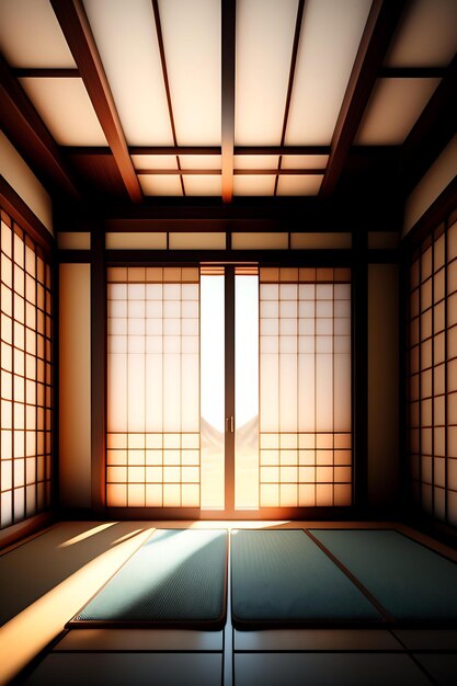 Puste tradycyjne japońskie pomieszczenie z podłogą tatami, drewnianym oknem shoji w świetle słonecznym dla Azji Wschodniej