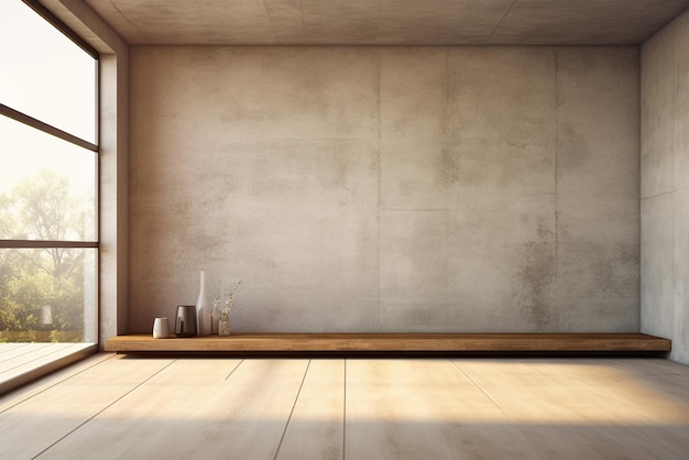 Zdjęcie puste wnętrze pomieszczenia z betonowymi ścianami drewniana podłoga z światłem z okna generative ai