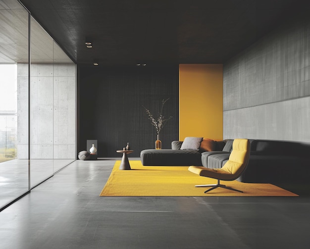 Puste wnętrze salonu minimalistyczny skandynawski projekt Ciemne betonowe ściany żółte szczegóły