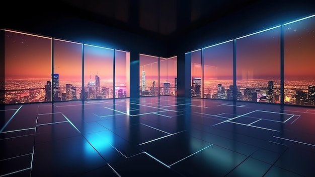 Puste wnętrze z betonową podłogą i nocnym widokiem na miasto Futurystyczna ilustracja technologii przyszłości Generative AI