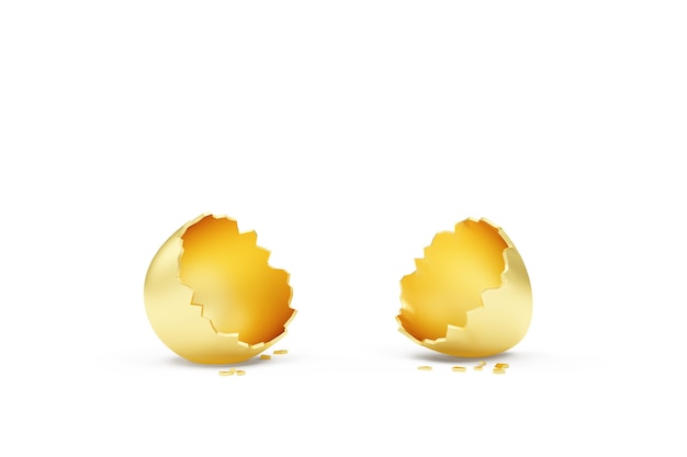 Puste złamane duże złote jajko na białym tle
