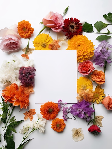 Zdjęcie pustka karta z kwiatami w widoku pionowym z góry abstrakcyjne kwiaty organiczne kwitnące kwiaty na białym tle na wizytówkę