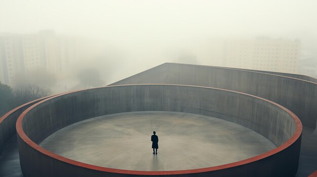 Zdjęcie pusty abstrakcyjny, futurystyczny budynek z betonową podłogą jest zajmowany przez samotną osobę.