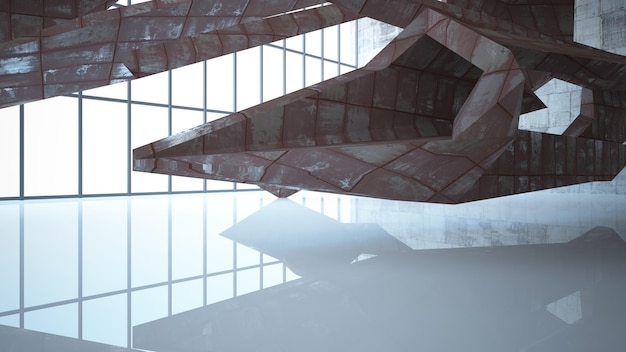 Pusty abstrakcyjny pokój białe wnętrze arkuszy zardzewiałego metalu Architektoniczne tło 3D