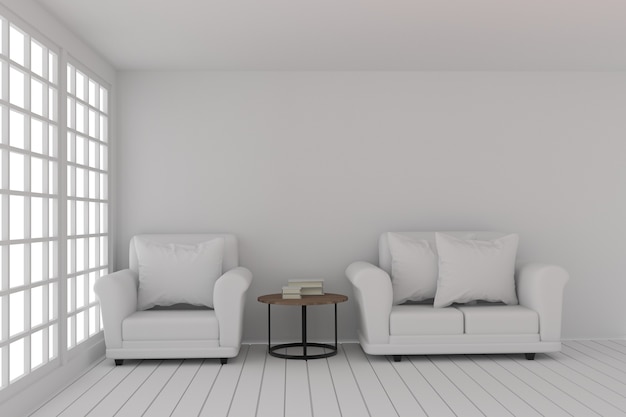 Pusty białego pokoju projekt z kanapą ustawiającą w białym pokoju w 3D renderingu