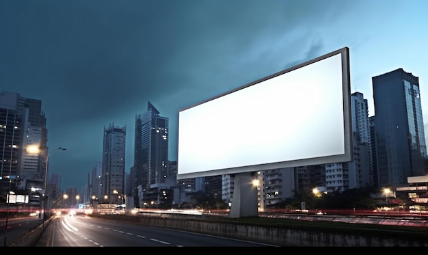 Pusty biały billboard szablon na futurystycznym mieście generatywnym ai