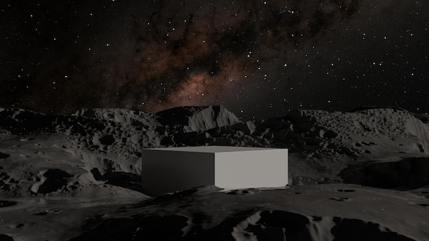 Pusty biały cokół na powierzchni księżyca z piękną sceną drogi mlecznej, podium 3D do prezentacji produktów