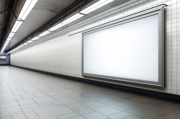 Pusty biały cyfrowy billboard podświetlany w pustej stacji metra AI wygenerowany